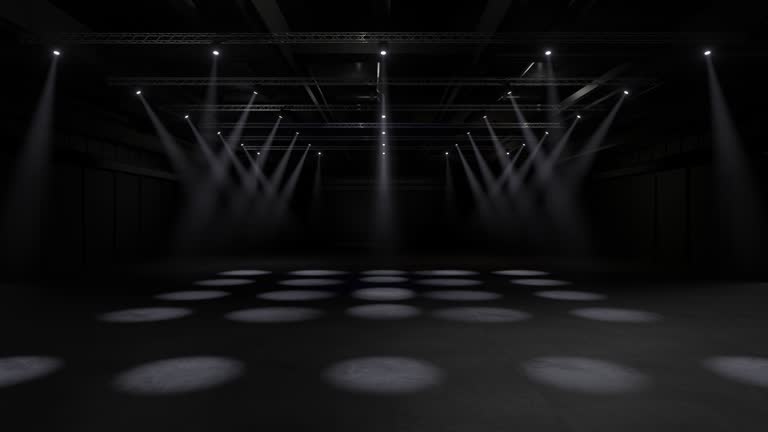 Motion Empty stage light Design for mockup and Corporate identity,Display.Stage with truss in hall.Blank screen for Graphic Resources.Scene event led night light staging.Animation loop 4k.3D render.