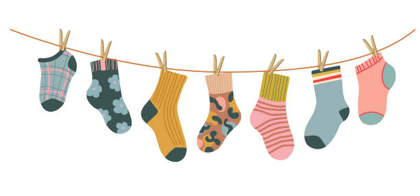 illustrazioni stock, clip art, cartoni animati e icone di tendenza di calze su corda - sock wool multi colored isolated