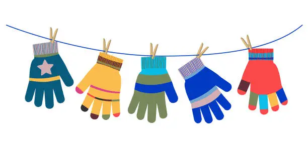 Vector illustration of Colorful gloves hang on a clothesline