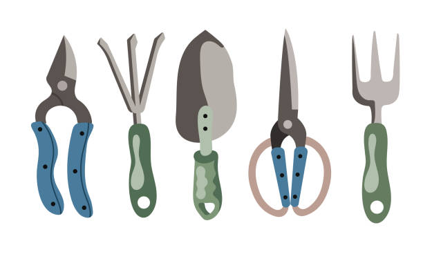 A set of garden tools. Garden equipment icons collection Caring for indoor plants and flowers A set of garden tools. Garden equipment icons collection Caring for indoor plants and flowers. Agriculture. Farm goods store poster design. Growing food.Vector illustration. trowel gardening shovel gardening equipment stock illustrations