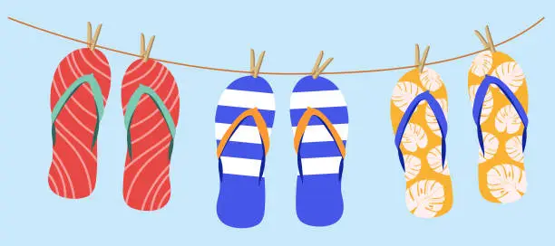 Vector illustration of Image of various colorful flip flops hanging on a clothesline isolated on a blue background