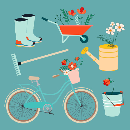 Garden set with flowers, plants, bicycle, wheelbarrow and garden tools in spring. Vector illustration.