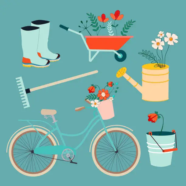 Vector illustration of Garden set with flowers, plants, bicycle, wheelbarrow and garden tools in spring
