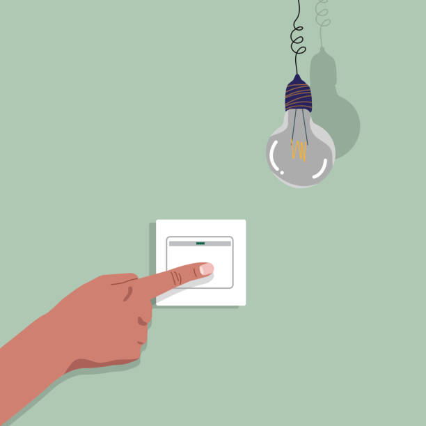 To turn on the light. The man presses the switch button with his finger To turn on the light. The man presses the switch button with his finger. Electricity saving template. The switch is insulated on the wall. Illustration flat design. card activation stock illustrations