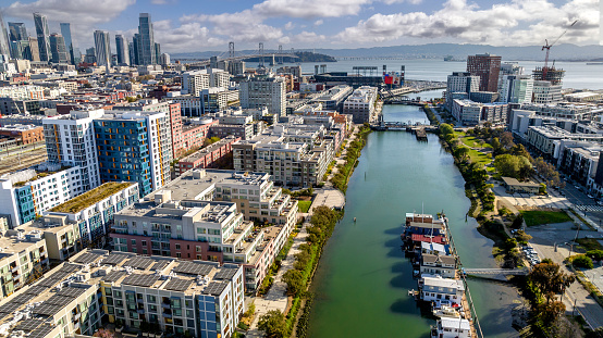 High quality stock photo of Mission Creek San Francisco houseboats in the Mission Bay neighborhood.