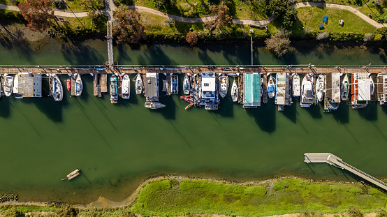 High quality stock photo of Mission Creek San Francisco houseboats in the Mission Bay neighborhood.