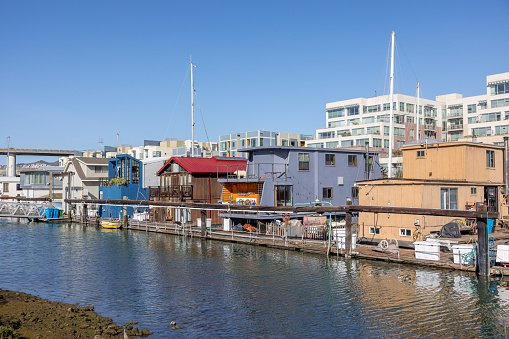 High quality stock photo of Mission Creek San Francisco houseboats in the Mission Bay neighborhood.