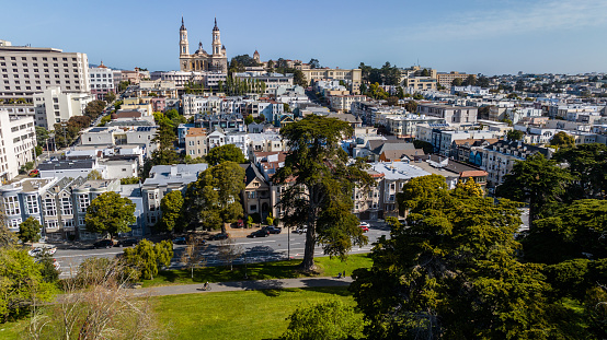 High quality stock photo of the San Francisco Panhandle neighborhood with UCSF and St. Ignatius Church.