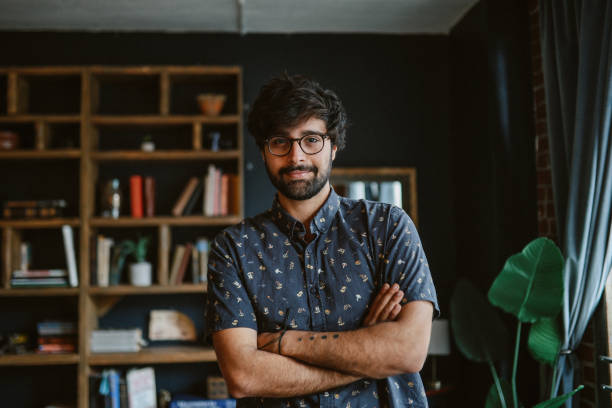 portrait of a software developer at his home in Los Angeles stock photo