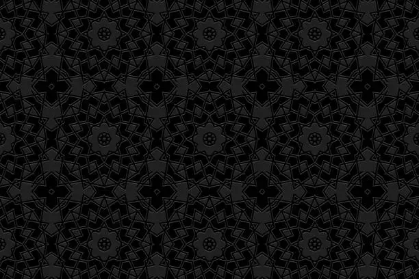 Vector illustration of Embossed floral black background, ethnic cover design. Geometric 3D pattern, press paper, leather. Boho, handmade. Tribal flavor of the East, Asia, India, Mexico, Aztec.