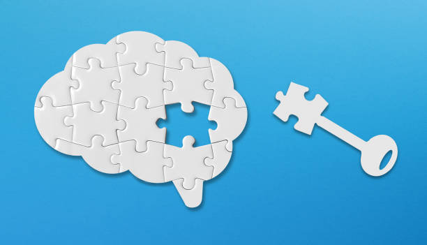 Brain shaped white jigsaw puzzle with key on blue background Brain shaped white jigsaw puzzle with key on blue background. Key solution to the brain puzzle. Mental health and problems with memory. food recall stock pictures, royalty-free photos & images
