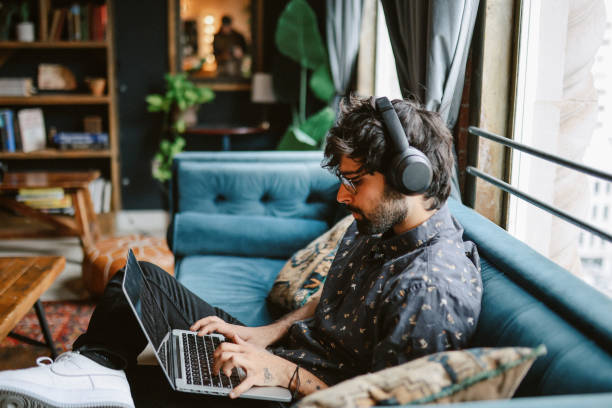 working from home in Downtown Los Angeles stock photo