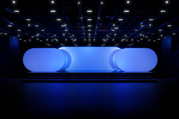 istock Motion Empty stage Design for mockup and Corporate identity,Display.Stage green screen in hall.Blank screen for Graphic Resources.Scene event led night light staging.Animation loop 4k.3D render. 1488920636