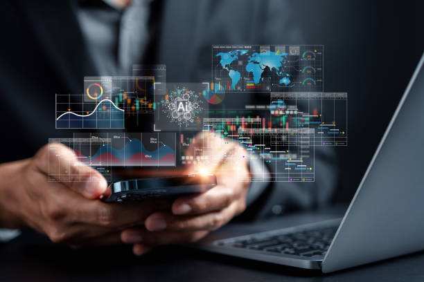 business avec l’analyse de l’ia technologie intelligente analysant la structure de l’information sur l’apprentissage automatique. système de gestion des données pour faire un rapport avec kpi connecté à la base de données. finance, internet de - affaires finance et industrie photos et images de collection