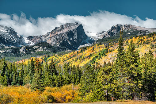 Yosemite National Park. Valley, Tunnel View.  Tourists taking pictures, posing. Coach,bus stop.  roadside.  Car park. El Capitan, Half Dome, and Bridalveil Fall. Yosemite,California. USA