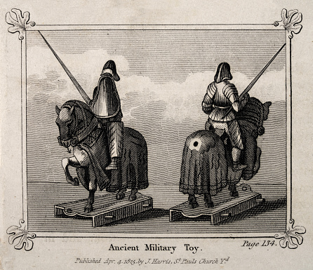 Vintage illustration of Ancient toy soldiers, Brass knight on horseback armed with lances