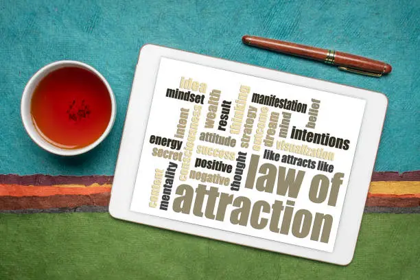 law of attraction word cloud on a digital tablet