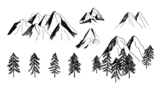 istock Hand drawn vector mountain and trees sketch clipart. 1488928238