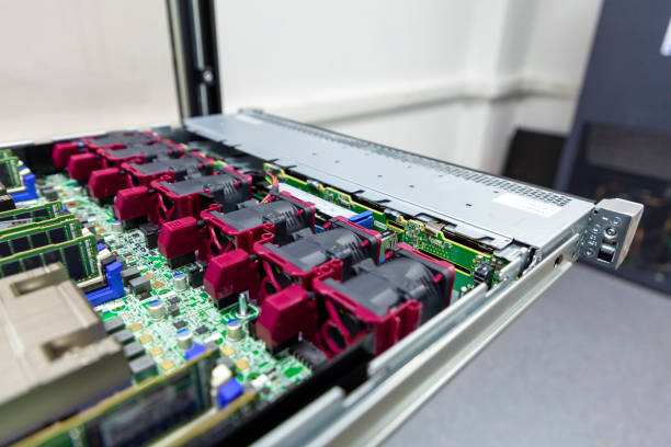 istock Inside view of opened multiprocessor server in rack of IT datacenter 1488930213