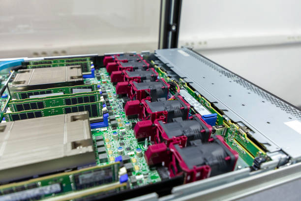 istock Inside view of opened multiprocessor server in rack of IT datacenter 1488930216