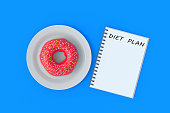 Inscription diet plan on notepad near donut on plate. Healthy eating. Calorie control. Nutritionist consultation. Meal schedule. Slimming concept. Top view. 3d render slimming