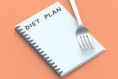 Inscription diet plan on notepad near fork. Healthy eating. Calorie control. Nutritionist consultation. Meal schedule. Slimming concept. 3d render slimming