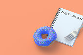 Inscription diet plan on notepad near donut and fork. Healthy eating. Calorie control. Nutritionist consultation. Meal schedule. Slimming concept. Copy space. 3d render slimming