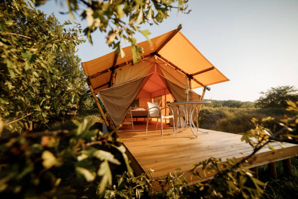 istock Cozy open glamping tent with light inside during sunset. Luxury camping tent for outdoor summer holiday and vacation. Lifestyle concept 1488932801