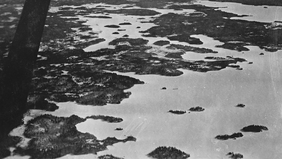 Aerial shot of Cold Lake in Manitoba, Canada. Vintage photograph ca. 1928.