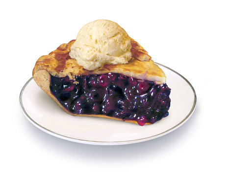 An illustration of a slice of blueberry pie on a plate.
