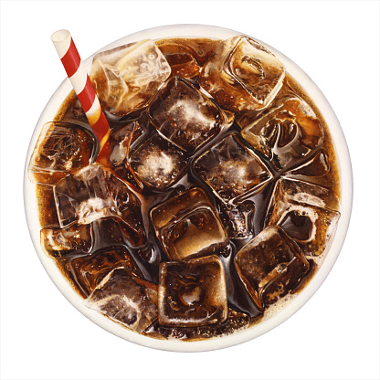 An illustration with an aerial view of cola, ice and a straw.