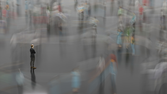 LowPoly man standing against crowd motion blur, 3D generated image.
