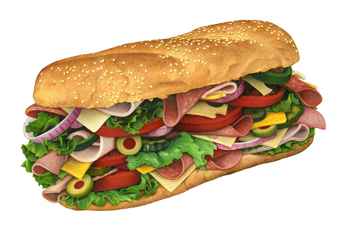 An illustration of a hugely stacked hero sandwich felled with lettuce, olives, pickles and tomatoes. Many varieties of meats and cheeses are stuffed onto a toasted sesame seed roll.