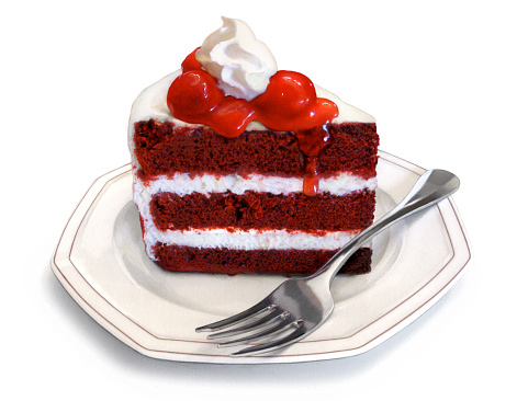 An illustration of a slice of red velvet cake on a plate, with a fork on the right side.