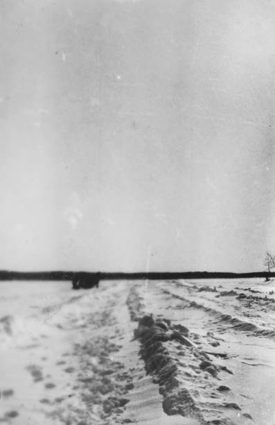 1928년 3월 캐나다 매니토바 콜드 레이크의 눈 덮인 풍경을 가로지르는 트랙 - manitoba north lake canada 뉴스 사진 이미지