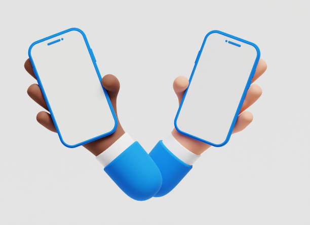 istock 3D Two diverse Hands holding mobile phone with blank screen for promotion. Smartphone with empty copy space. Marketing time banner template on white background, 3d illustration 1488937383