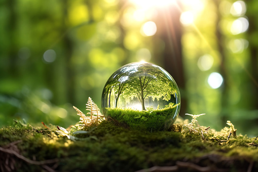 Concepto de entorno - Globo de vidrio verde con un árbol en el bosque con luz solar. Concepto de sostenibilidad. Mundo verde. photo