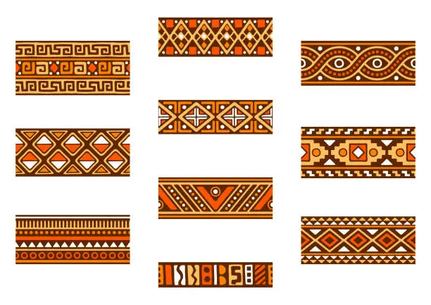 Vector illustration of African seamless borders set. Hand stamp printing. Ethnic folk texture.