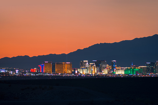 Panoramic view of Las Vegas skyline at sunset from Henderson, NV.