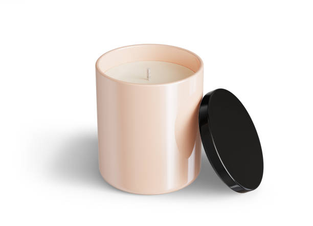 istock Minimalist candle mockup, beige ceramic candle jar with glossy black lid open design-ready 3D render template 1488950482