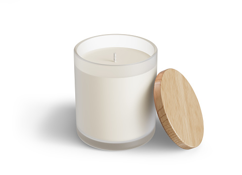 Minimalist candle mockup, frosted glass candle jar with wooden lid open design-ready 3D render template isolated on white background