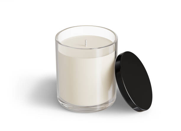 Minimalist candle mockup, clear glass candle jar with glossy black lid open design-ready 3D render template stock photo