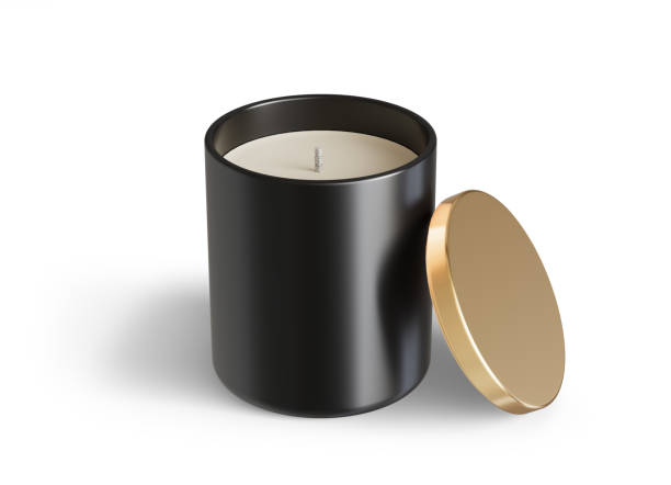 istock Minimalist candle mockup, black ceramic candle jar with gold lid open design-ready 3D render template 1488950523