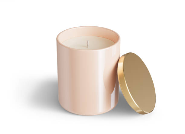 istock Minimalist candle mockup, beige ceramic candle jar with golden lid open design-ready 3D render template 1488950549