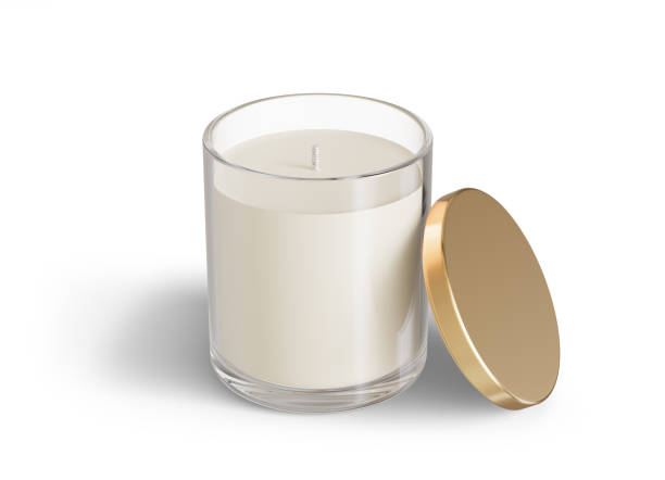 Minimalist candle mockup, clear glass candle jar with golden lid open design-ready 3D render template stock photo