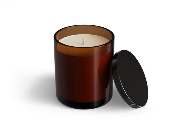 Minimalist candle mockup, amber glass candle jar with glossy black lid open design-ready 3D render template stock photo