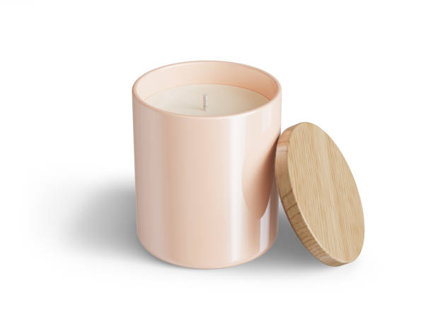 istock Minimalist candle mockup, beige ceramic candle jar with wooden lid open design-ready 3D render template 1488950602