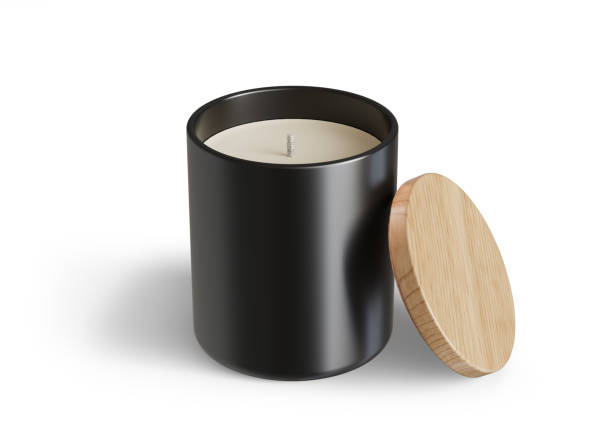 istock Minimalist candle mockup, black ceramic candle jar with wooden lid open design-ready 3D render template 1488950636
