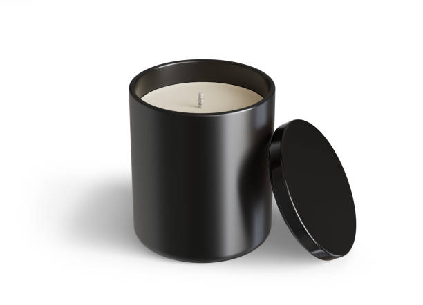 istock Minimalist candle mockup, black ceramic candle jar with glossy black lid open design-ready 3D render template 1488950669