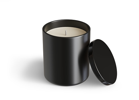 Minimalist candle mockup, black ceramic candle jar with glossy black lid open design-ready 3D render template isolated on white background